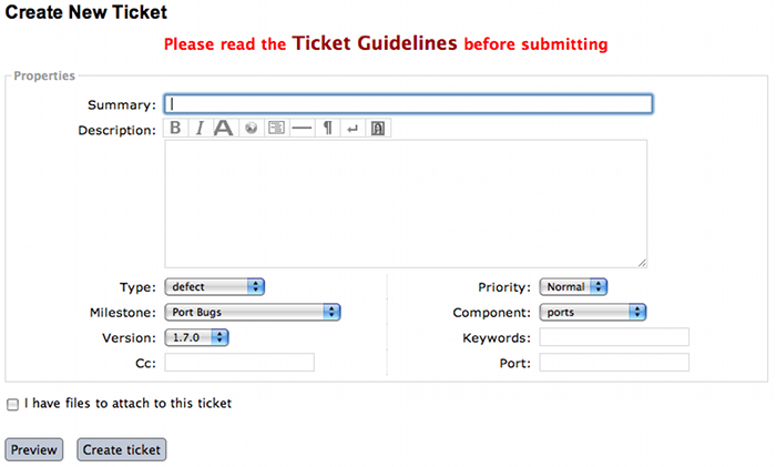 screenshot of a new ticket on the Trac system